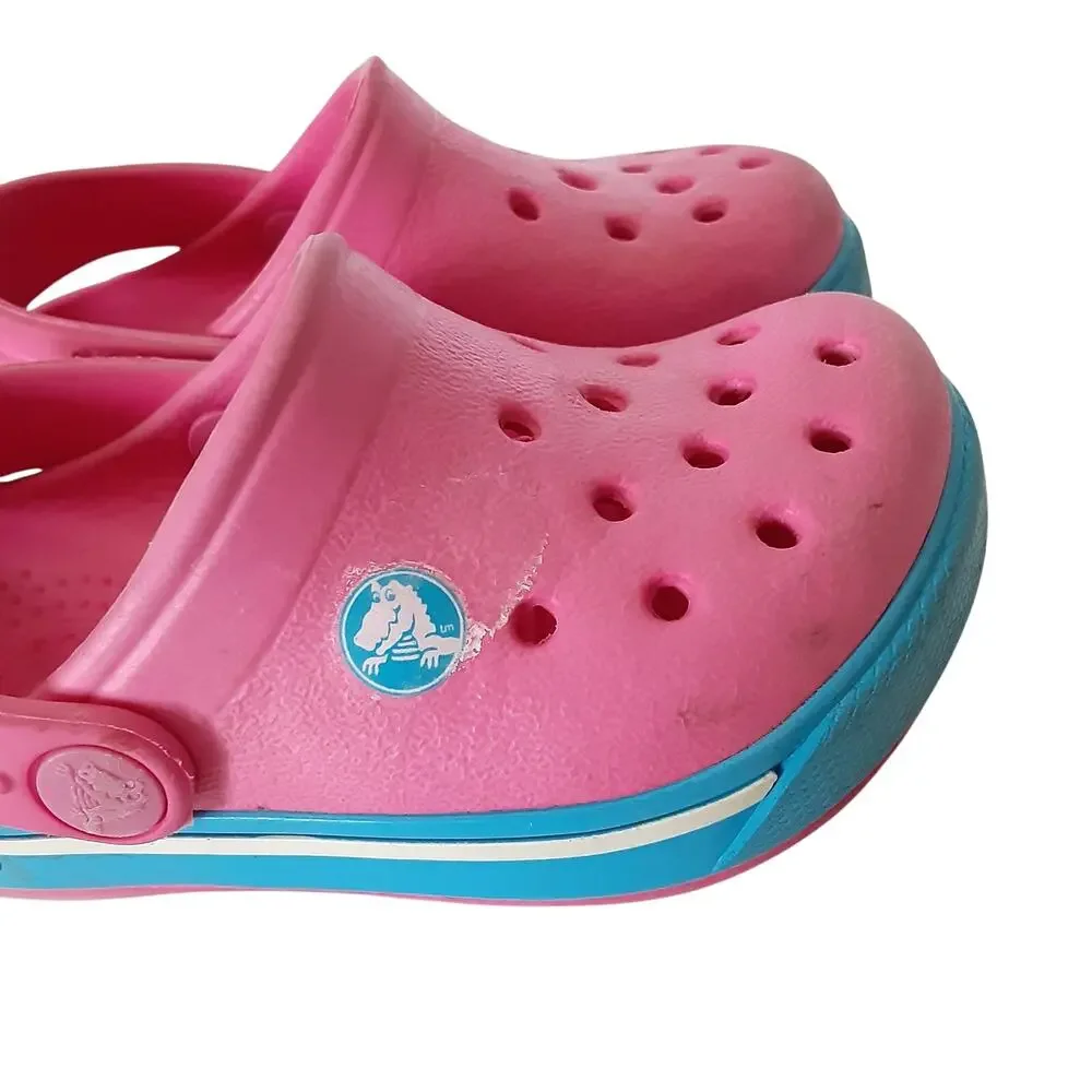 Crocs Crocband Clogs Toddler 4/5 Hot Pink Blue Stripe Retro Water Shoes Summer